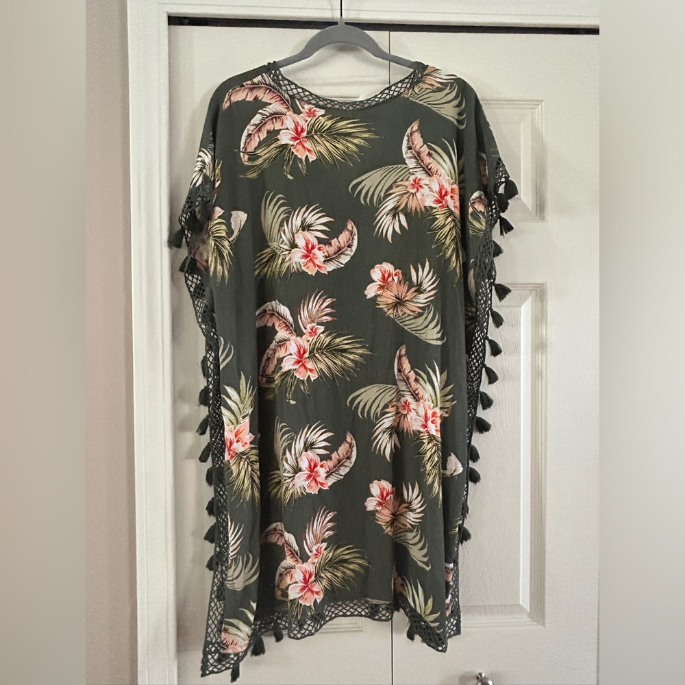 BAKU Swim Coverup OS Short Sleeve Deep V-Neck Semi-Sheer Coral Botanical Floral - Picture 3 of 14